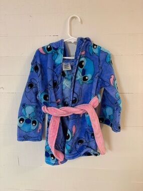 Disney Stitch Girls Hooded Plush Robe Size 4 5 Blue Pink Cozy